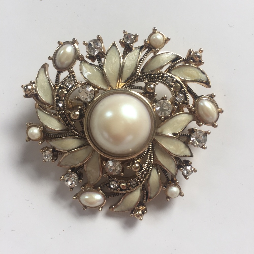 Faux Gold, Diamond, and Pearl Brooch